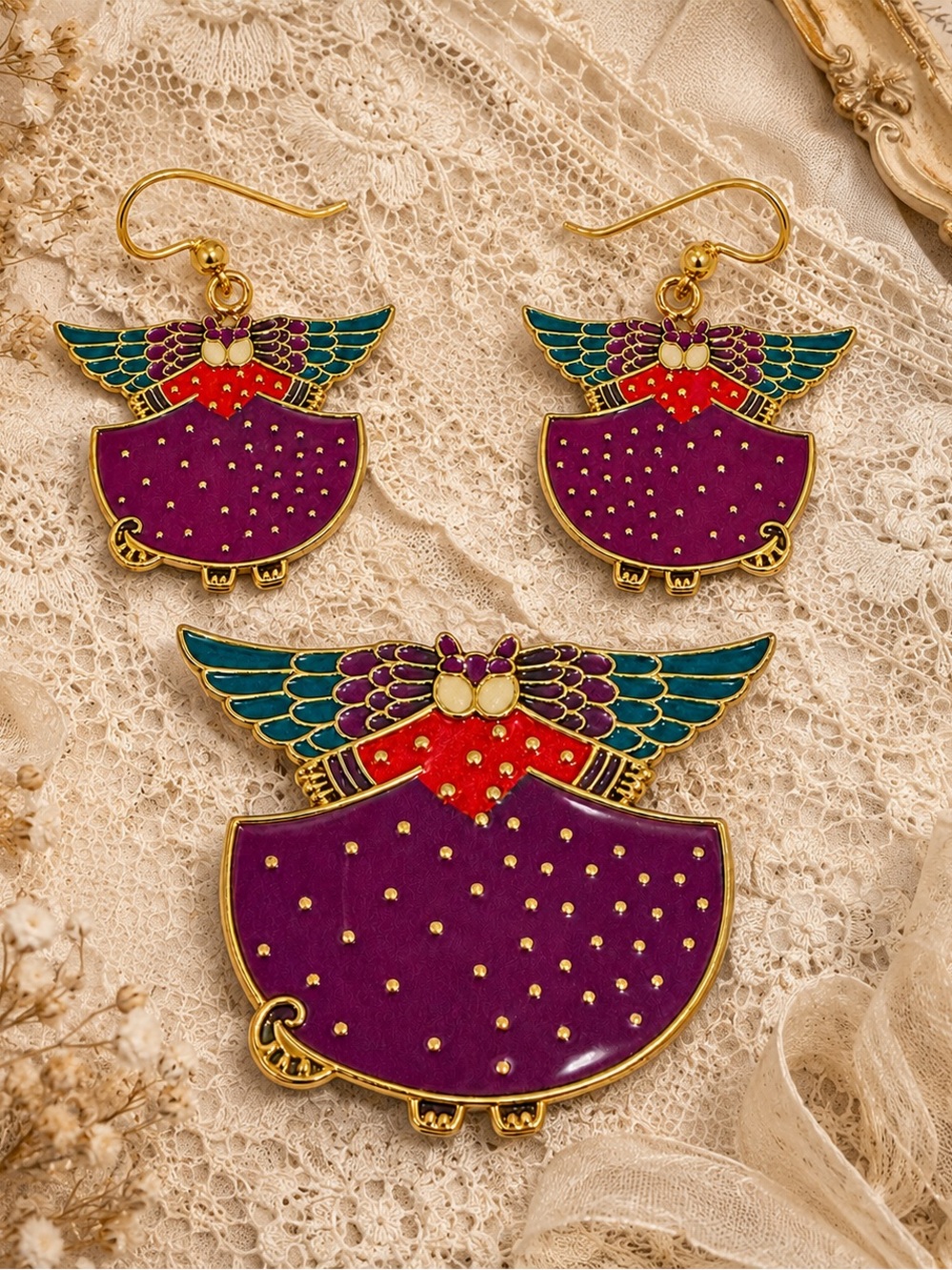 Vintage Laurel Burch Angelicat Brooch Earrings Set Cloisonné Enamel Cat
